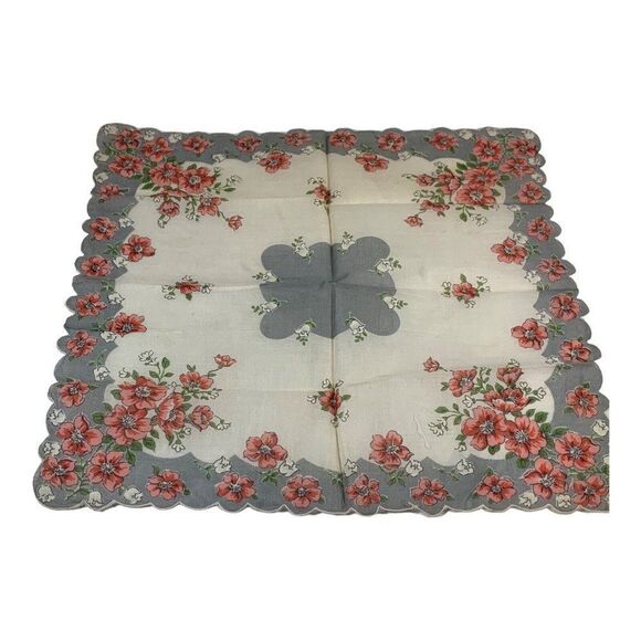 Vintage Victorian scalloped edged floral handkerchief Flowers Gray Pink Scarf - Picture 1 of 4